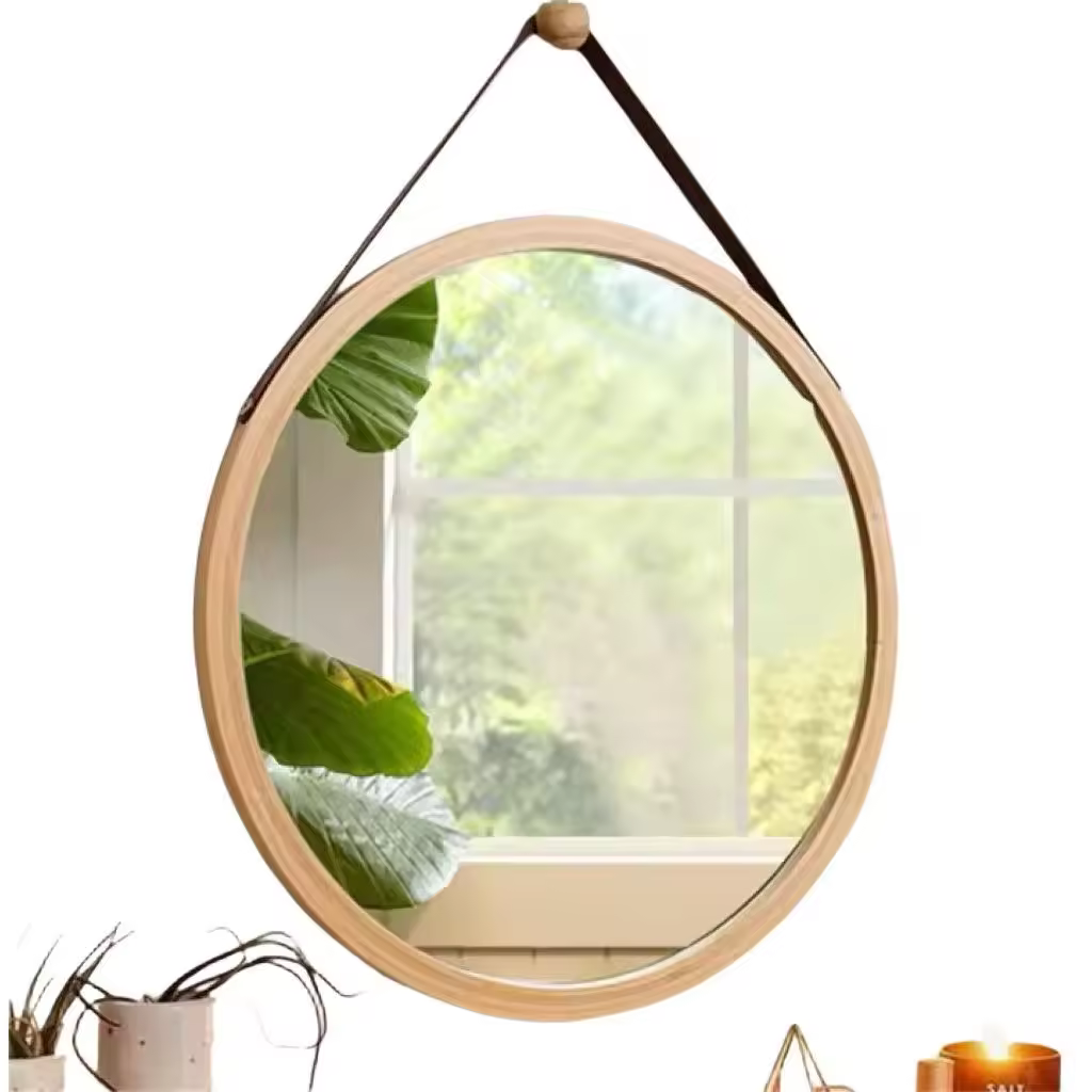 Espejo bambu redondo 38cm correa cuero para pared