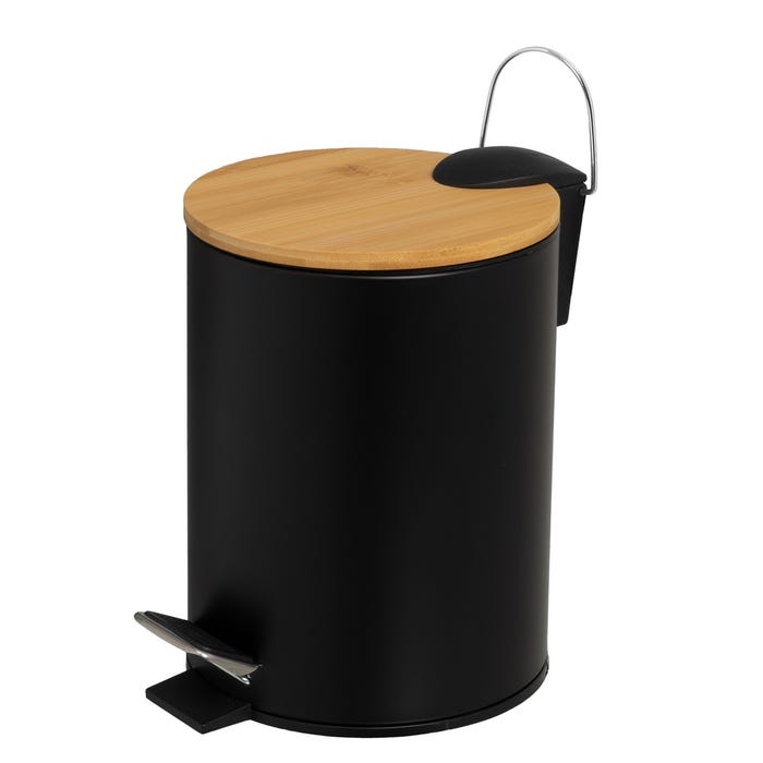 papelera negro metal con tapa de bambu 3 litros 17x21x23cm