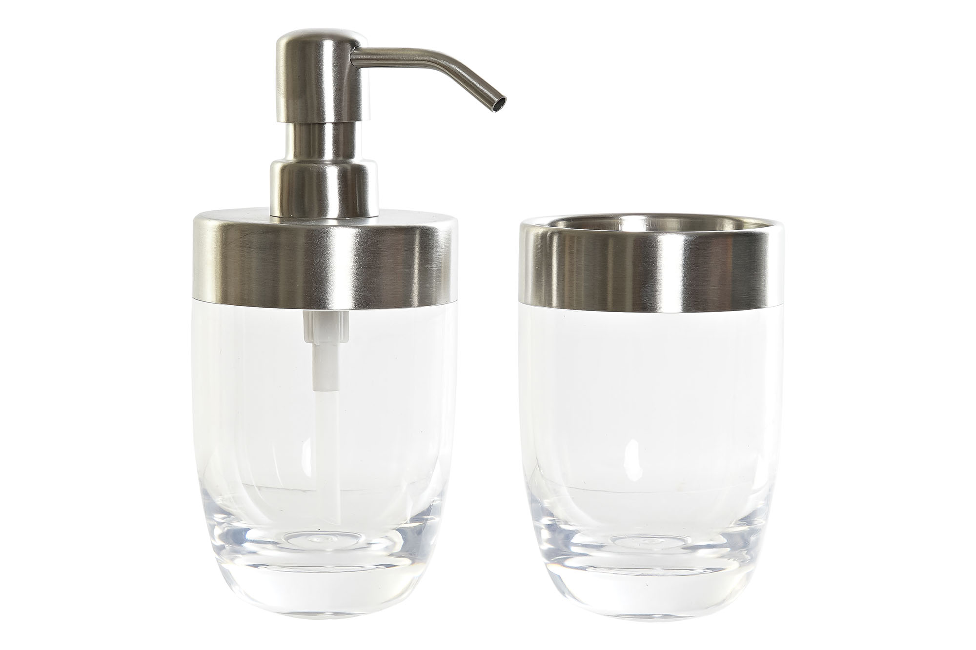 juego de baño dosificador + vaso transparente plateado