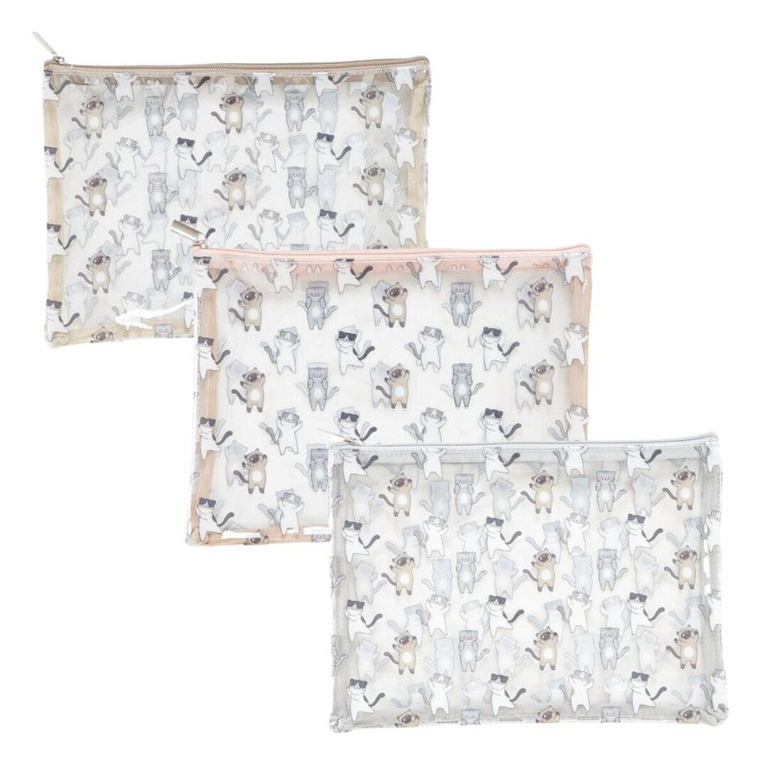 pack de 3 neceser gatos transparente plano 28x1x21cm