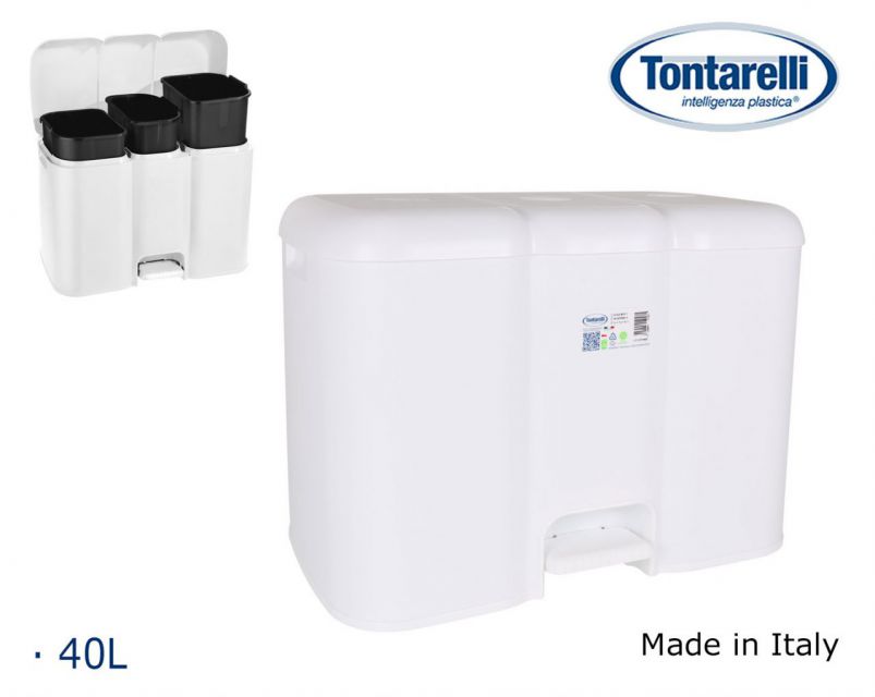 Cubo para basura triple con tapa y pedal de color blanco de 41,5 x 59,5 x 30 cm con capacidad de 40 litros.