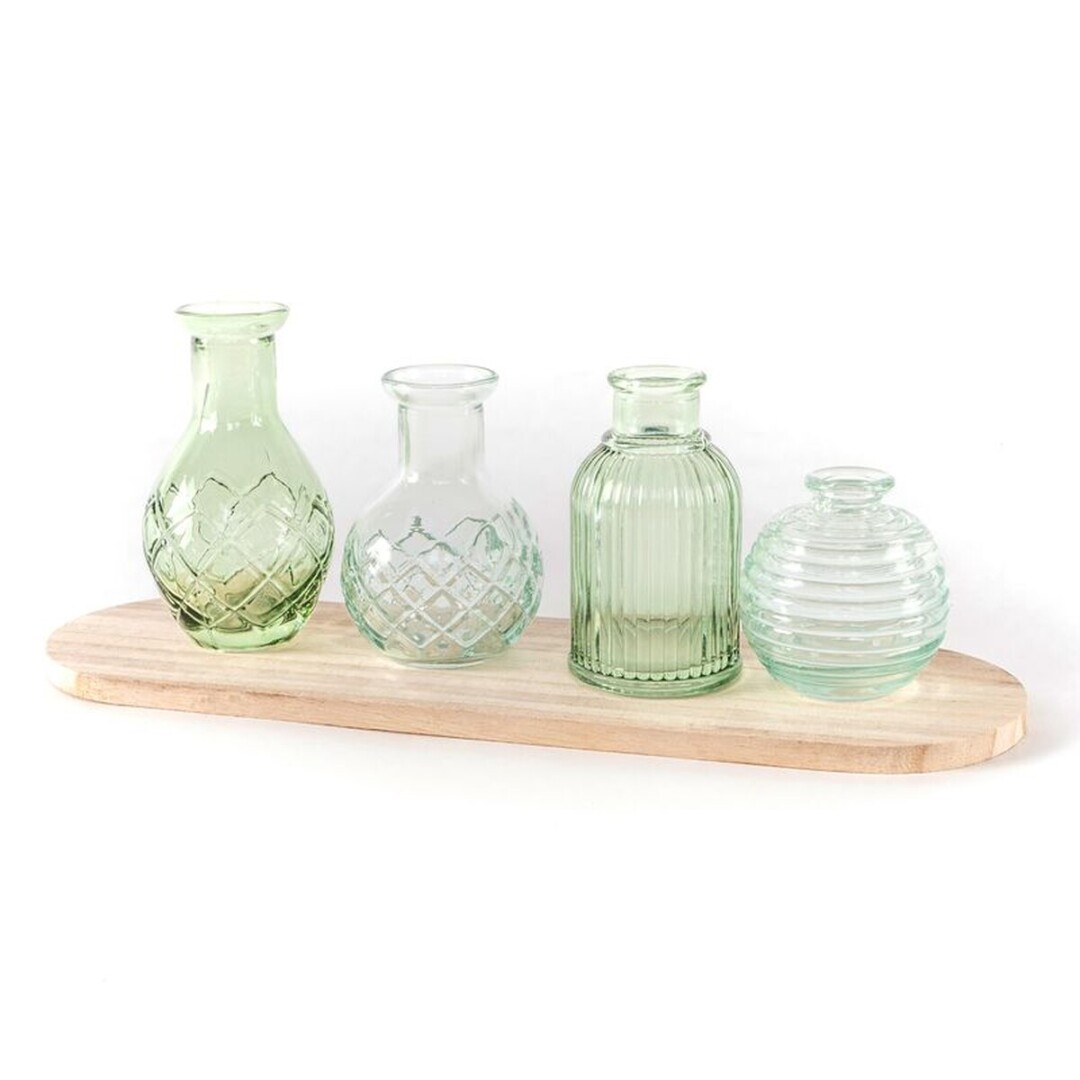 juego de 4 jarrones cristal con base de madera