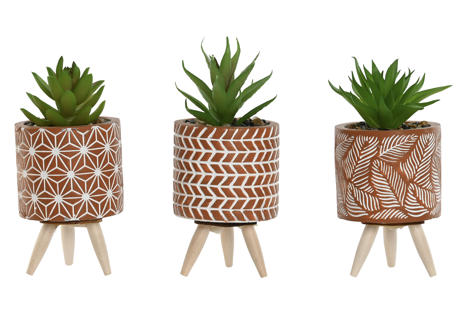 pack de 3 cactus en maceta de cemento i patas de madera