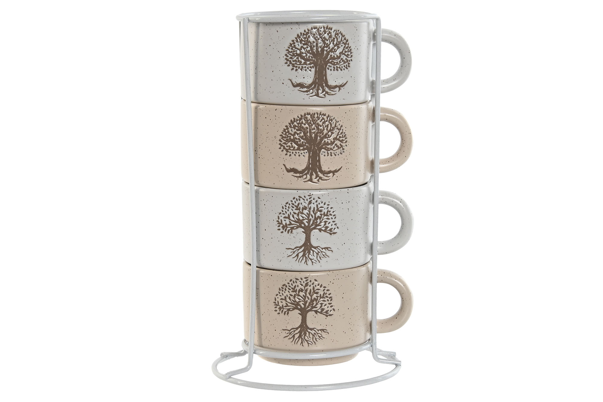 pack de 4 taza de cafe de arbol de vida 150ml gres con soporte de metal
