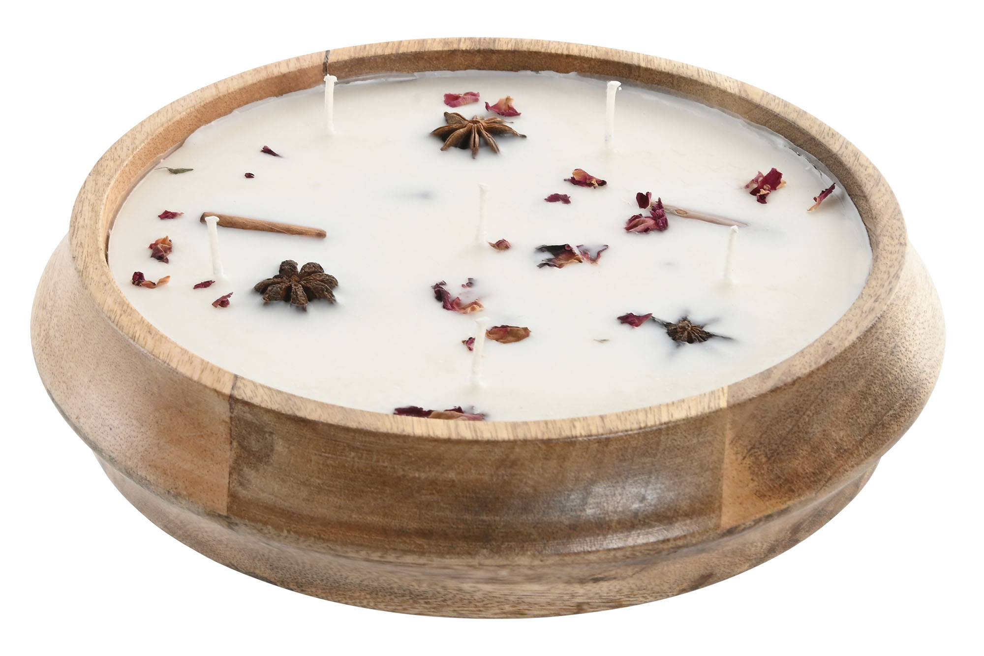 vela de cera de soja en cuenco de madera mango 25x25x6cm con canelas