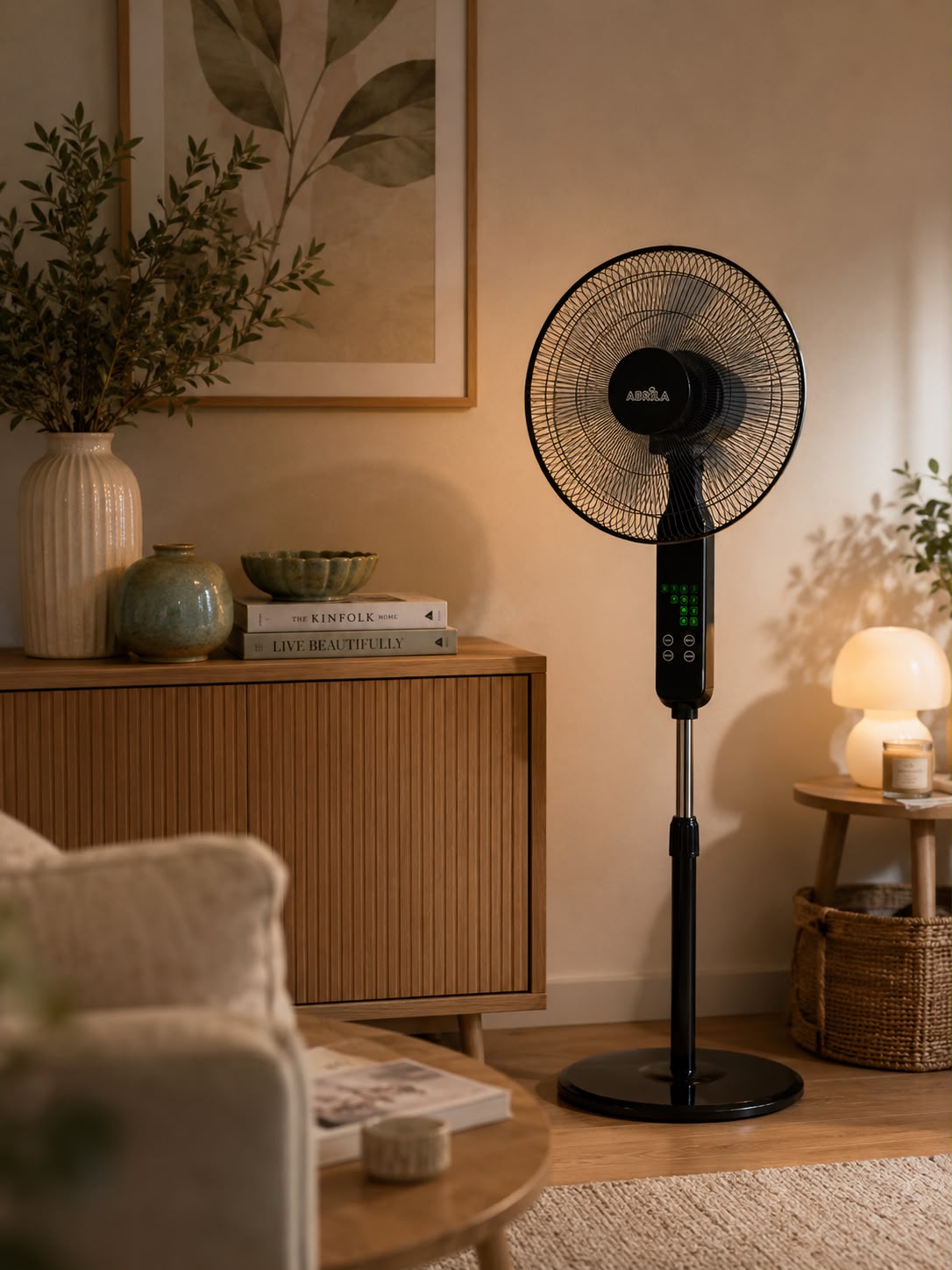 ventilador de pie rodium negro 3vel 45w regx43x40cm oscilante 5asp.tactil c/remoto y temporizador