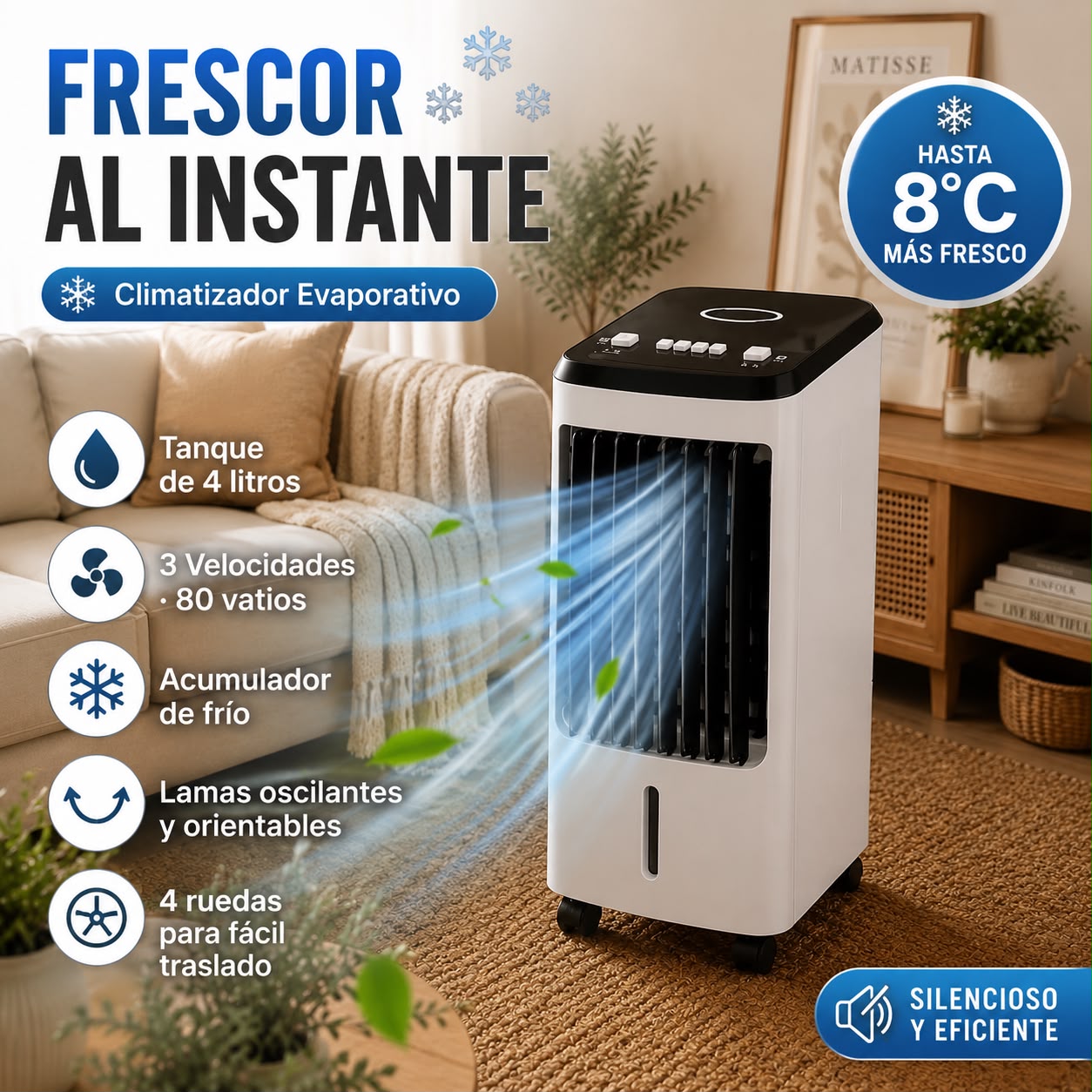 Climatizador Evaporativo Ventisca Blanco 80w 3vel 4litros Oscilante.portatilil C/acumulador De Frio 57x26x24cm
