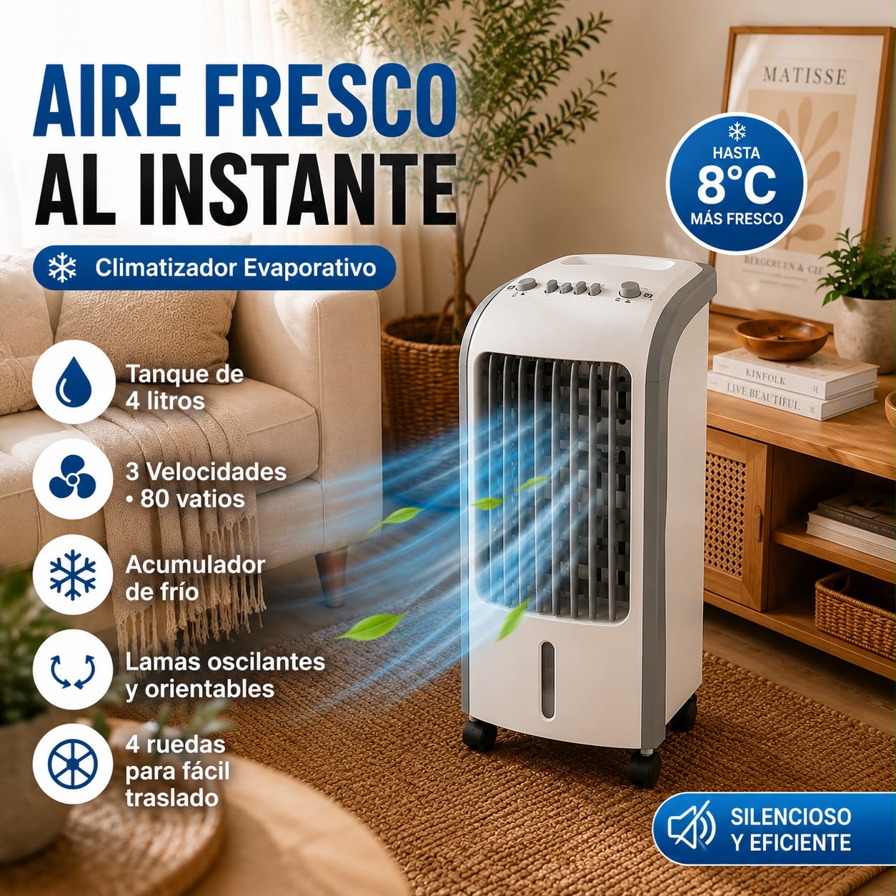 Climatizador Evaporativo Ventisca Blanco 80w 3vel 4litros Oscilante.portatilil C/acumulador De Frio 57x26x24cm