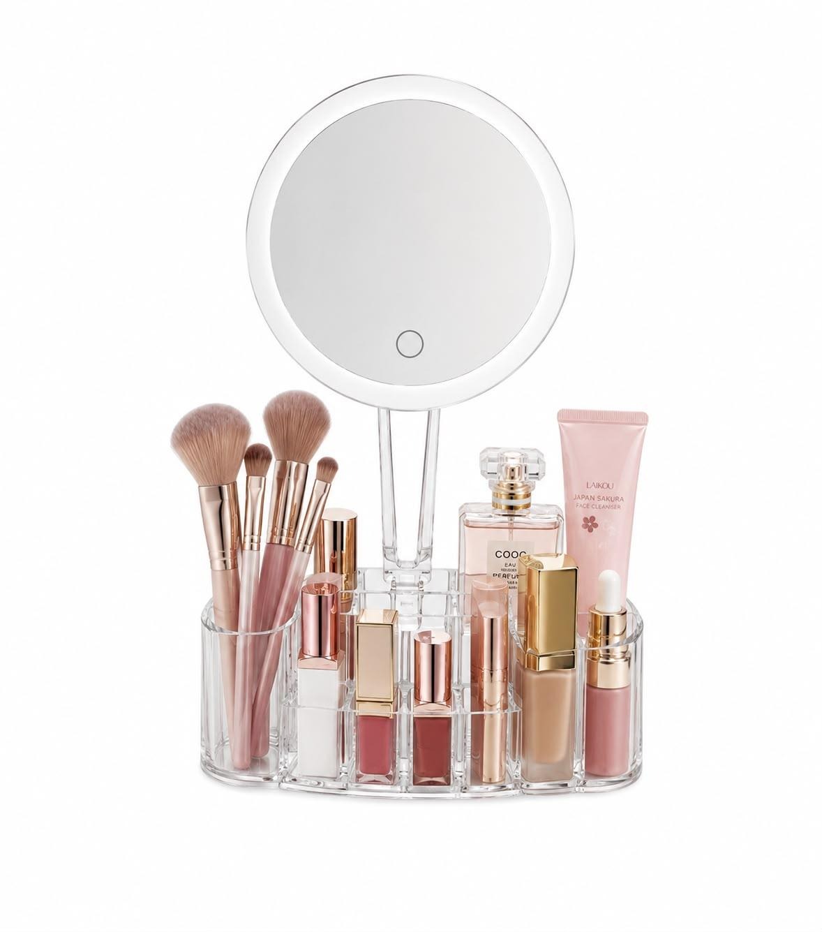 DCASA ARTE Organizador de Maquillaje con Espejo Recargable,Organizador Cosmeticos y Perfumes, Organizador Maquillaje para Tocador, Baño y Dormitorio