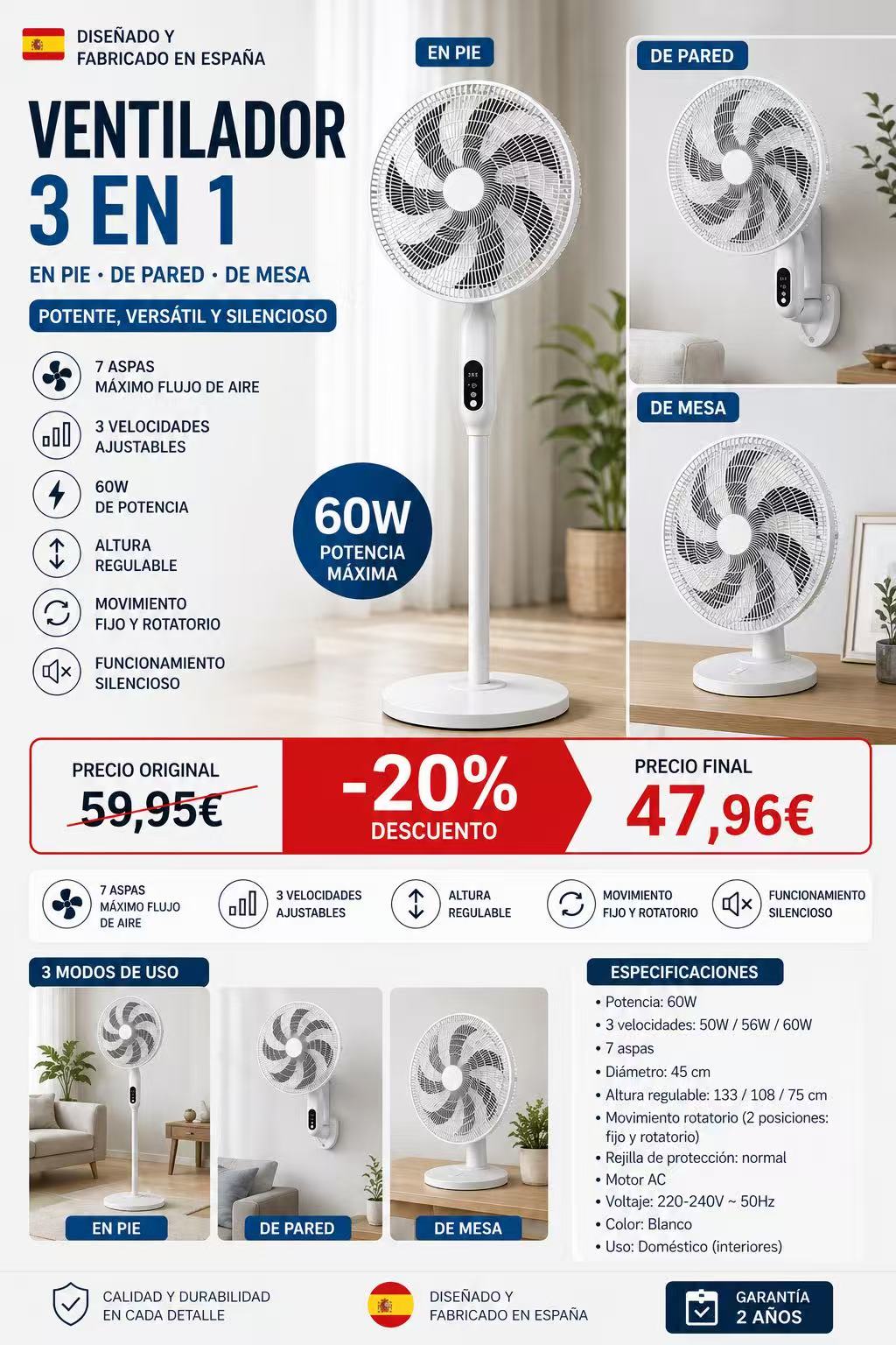 ventilador pie 3x1 mixin blanco 3vel 60w 7asp 45d fijo/rotatorio suelo/pared/sobremesa regx45x45cm