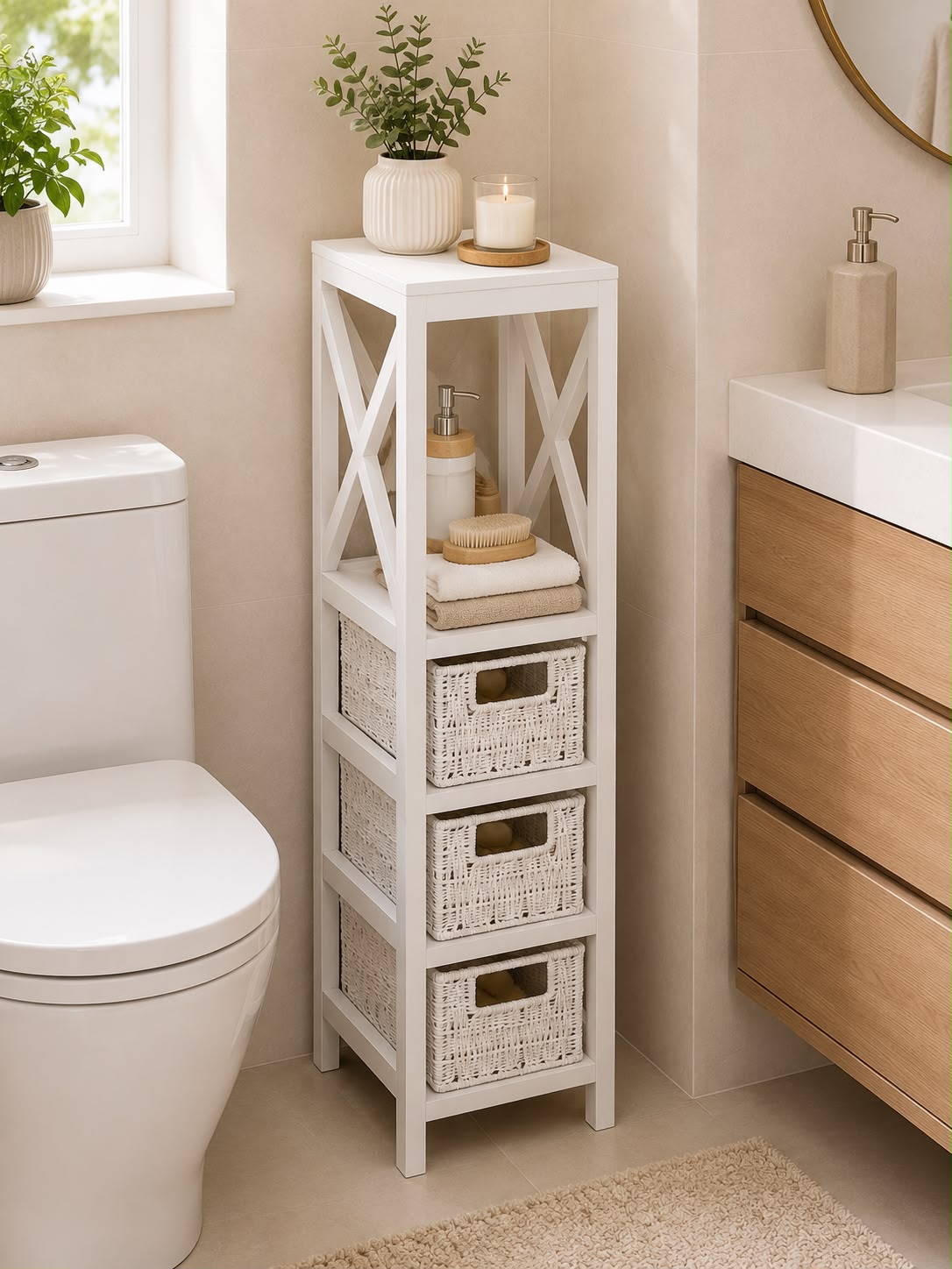 Cajonera blanco 1 estante 3 cestas papel trenzado – 17cm largo x 24cm ancho x 82cm alto – Para almacenamiento en espacios reducidos