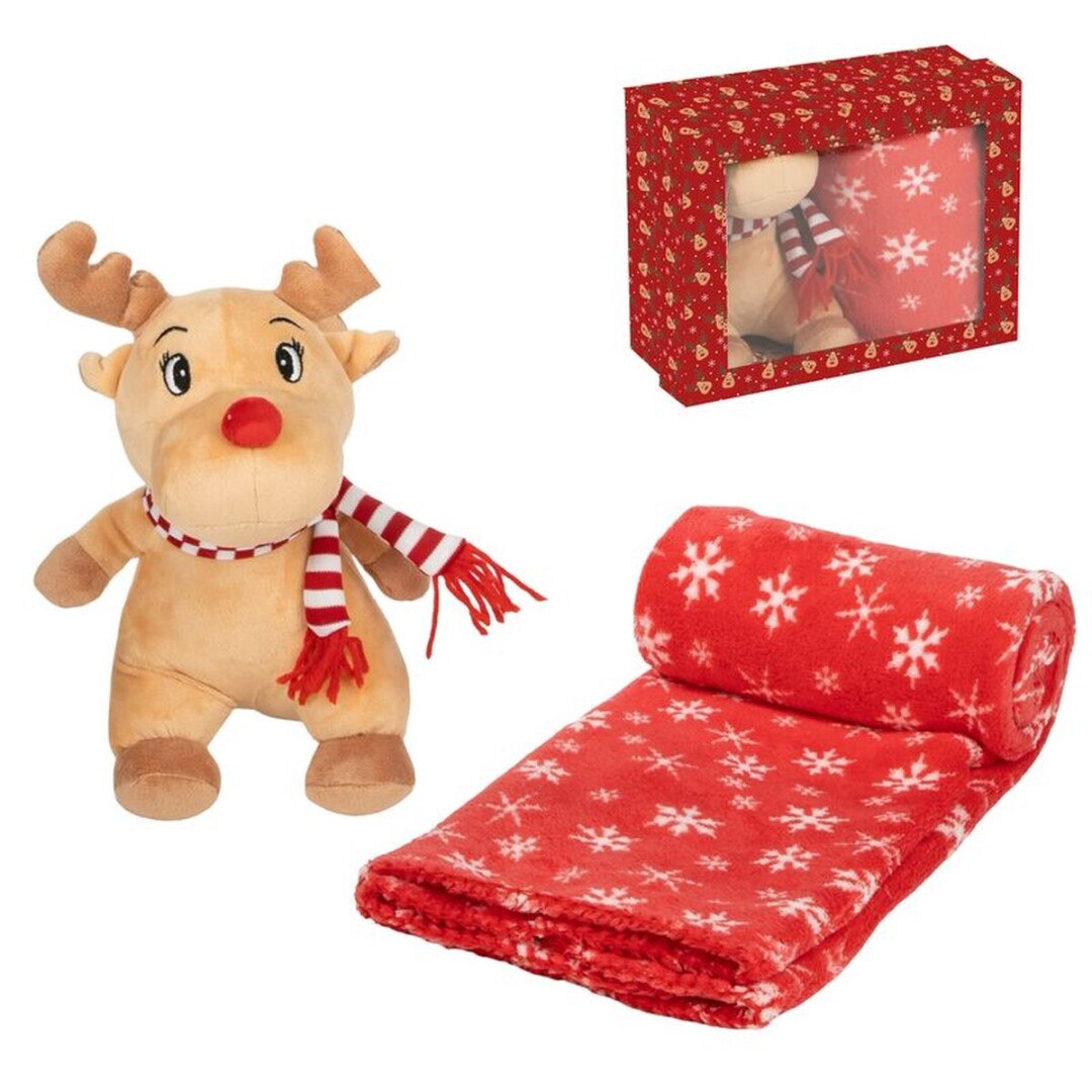 peluche con manta 90x75cm reno navidad