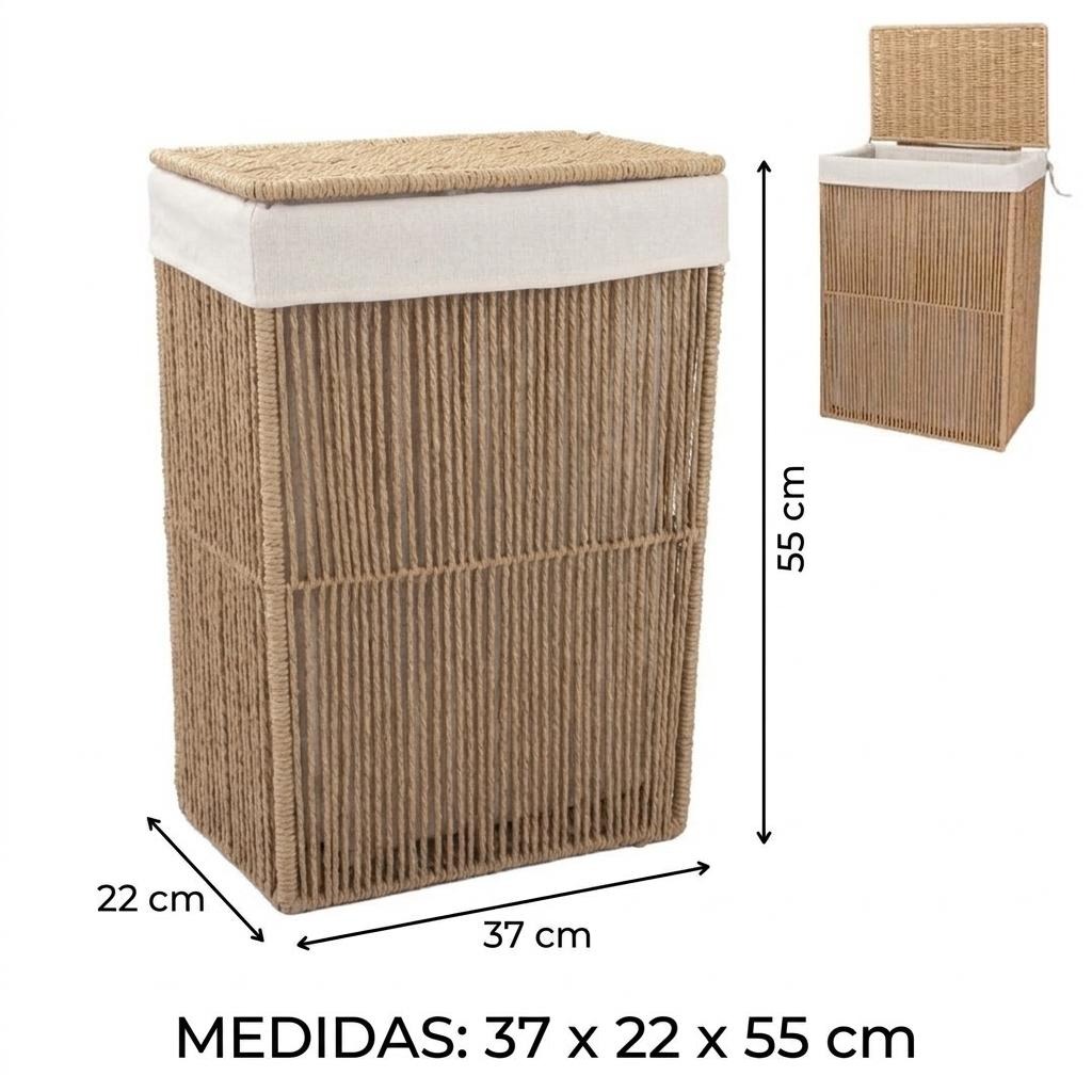 Cesta Cesto Pongotodo Plegable con Tapa y Forro - Papel Trenzado Tostado (37 x 22 x 55 cm) i (45 x 27 x 64 cm) - Imagen 3