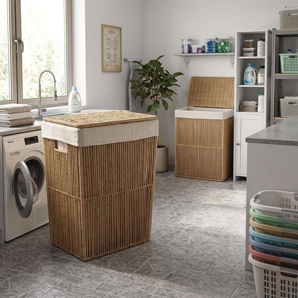 Cesta Cesto Pongotodo Plegable con Tapa y Forro - Papel Trenzado Tostado (37 x 22 x 55 cm) i (45 x 27 x 64 cm) - Imagen 4