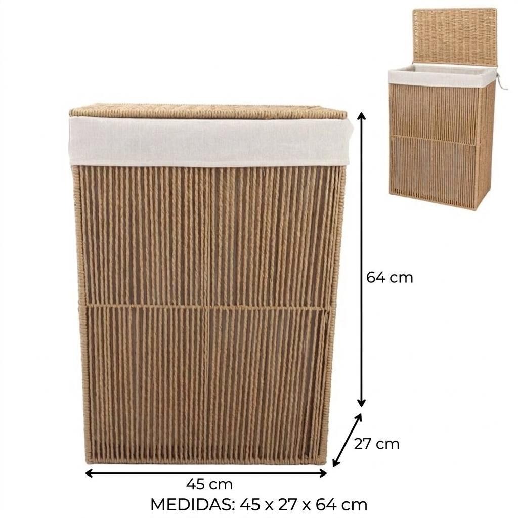 Cesta Cesto Pongotodo Plegable con Tapa y Forro - Papel Trenzado Tostado (37 x 22 x 55 cm) i (45 x 27 x 64 cm) - Imagen 5